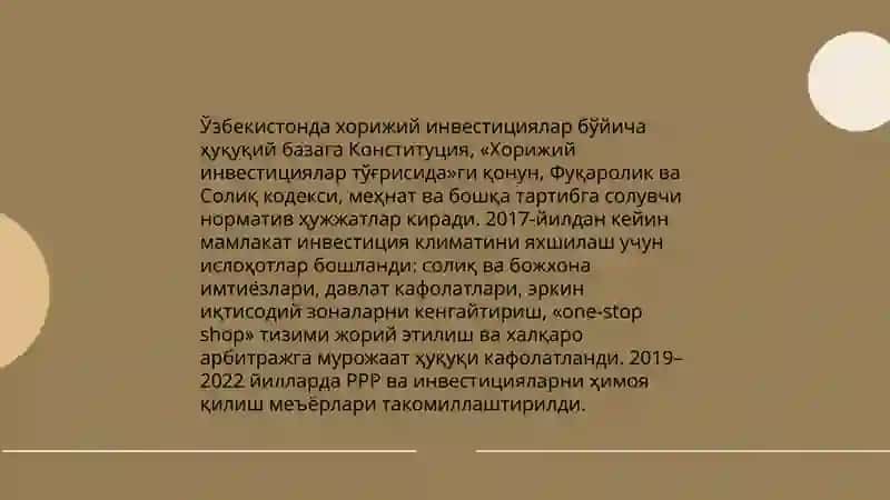 Ўзбекистонда хорижий инвестицияларни жалбкилиш шарт-шароитлари 3