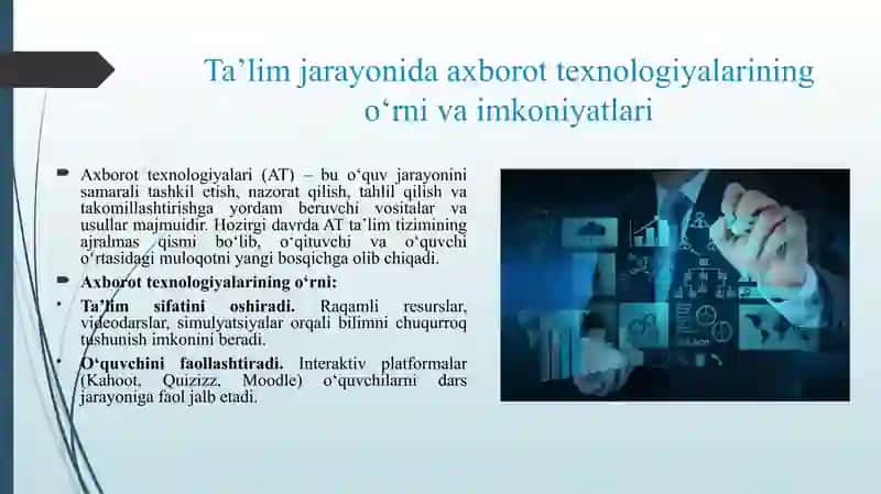TA'LIM JARAYONIDA AXBOROT TEXNOLOGIYALARINING OʻRNI VA IMKONIYATLARI .TA'LIM JARAYONIDA QOʻLLANILADIGAN AXBOROT-KOMMUNIKATSIYA TEXNOLOGIYALARI, TEXNIK VA DASTURIY VOSITALARDAN FOYDALANISH. OPERATSION TIZIMLAR VA ULARNING TURLARI. ZAMONAVIY OʻQUV-TEXNIK VOSITALAR VA ULARNING TASNIFI. 3