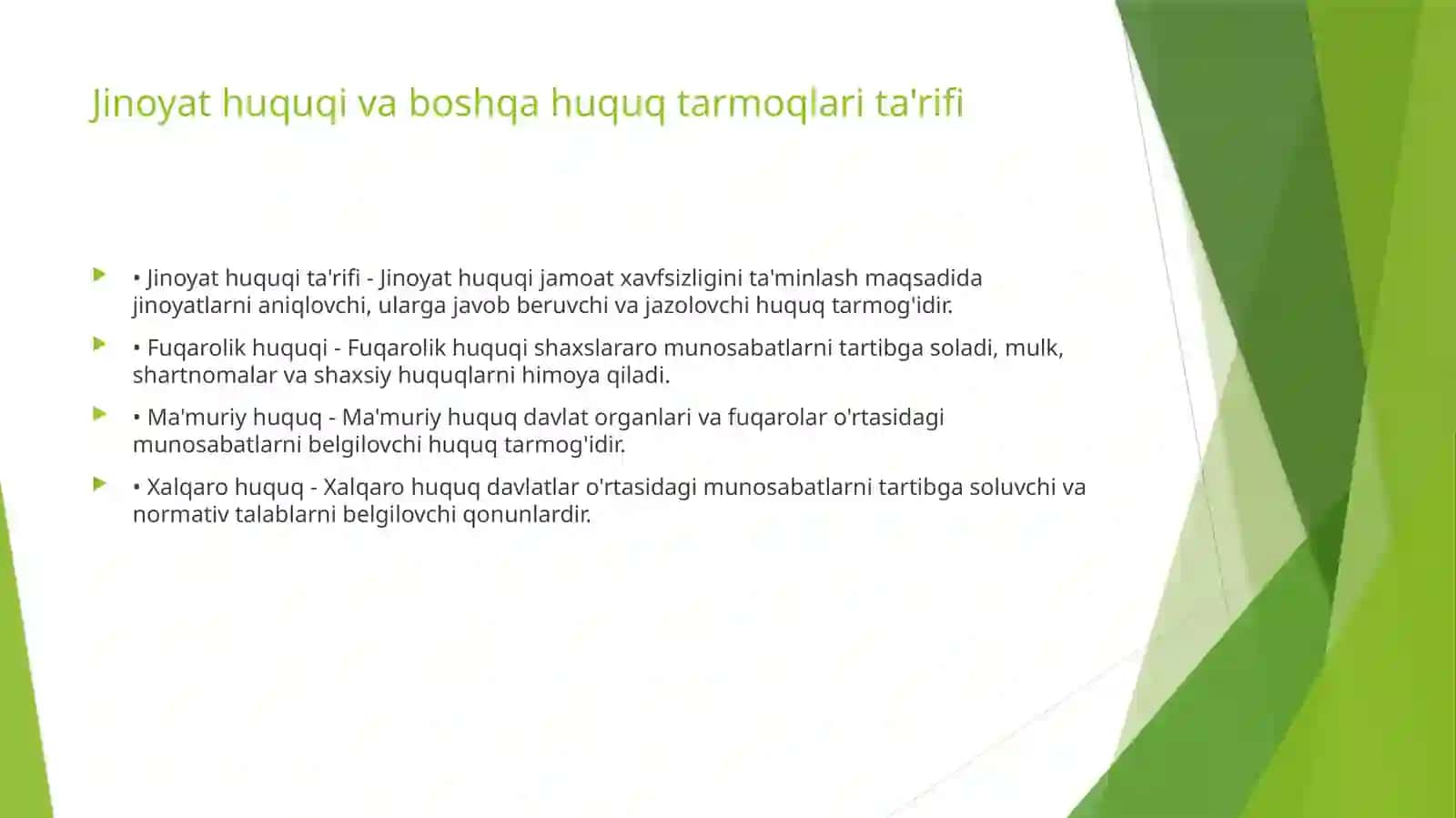 Jinoyat huquqining boshqa huquq xususan boshqa huquq tarmoqlaridan oʻziga xos vazifalari,predminti va tartibga solish metodlari bilan farq qilishi 3
