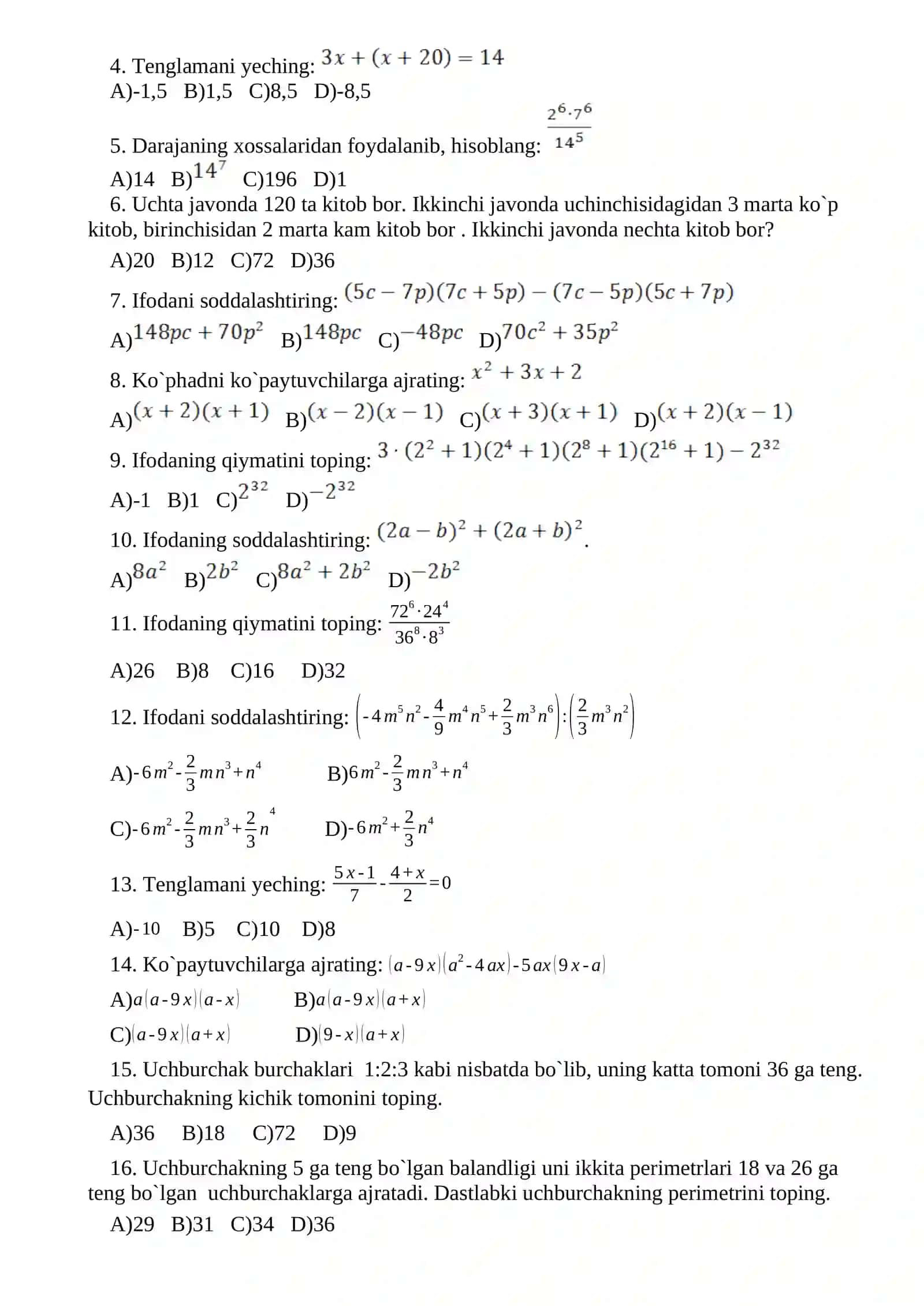 7-sinf. Testlar. I variant 3