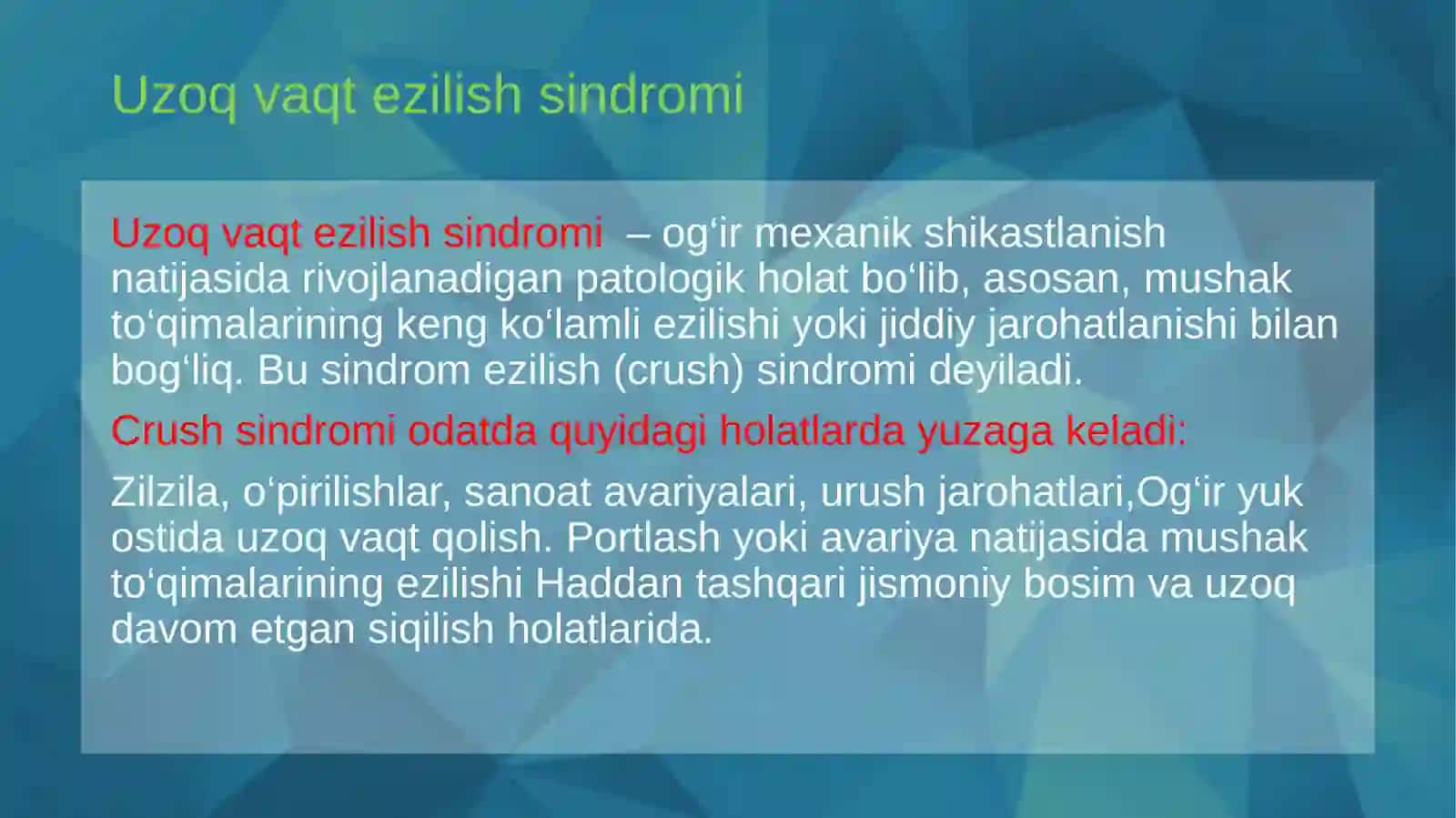 Krash (Uzoq vaqt ezilish) sindromi. 3