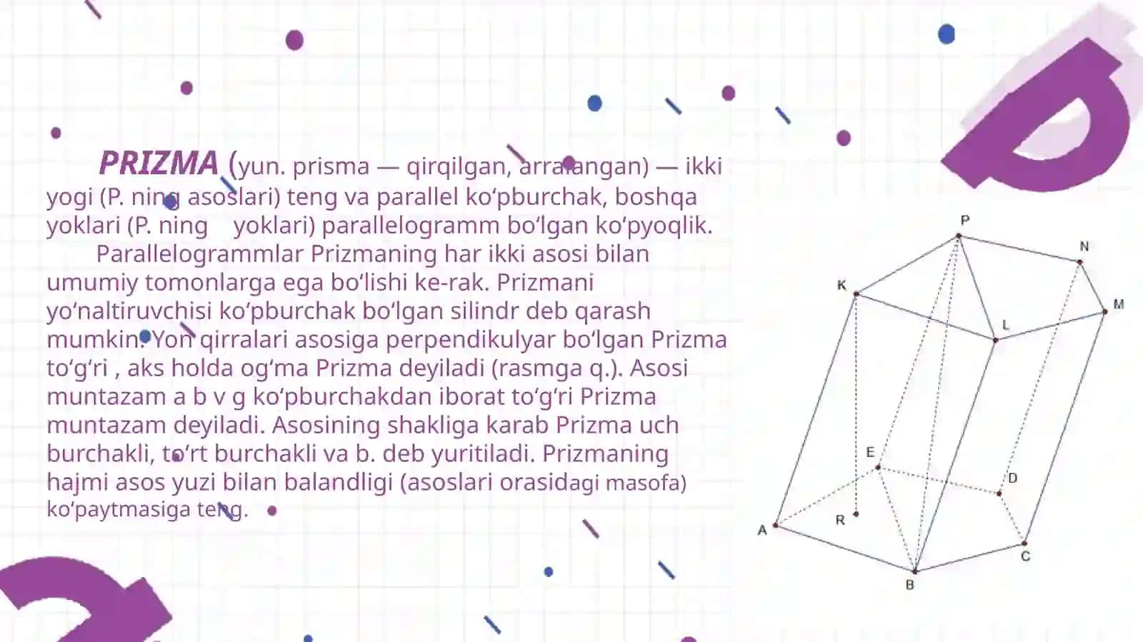 Prizma,  tog'ri burchakli parallelopiped, piramida 3