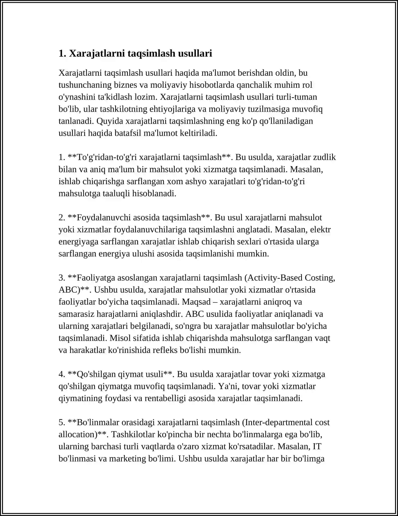 XARAJATLARNI TO’LA TAQSIMLAB VA O’ZGARUVCHAN XARAJATLAR BO’YICHA TANNARXNI KALKULYATSIYA KILISH USULI 3