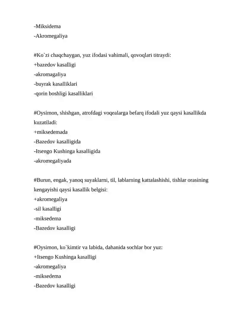 Ichki kasalliklar propedevtikasi fanidan 500 talik test, javoblari bilan 3