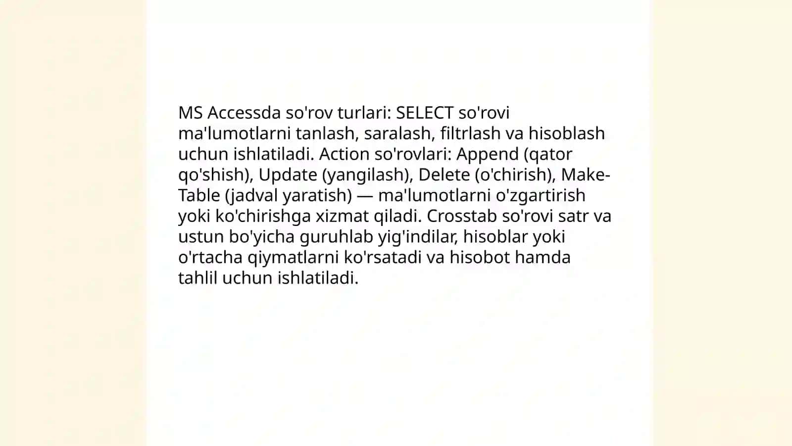 MS Accessda so'rov turlari 3