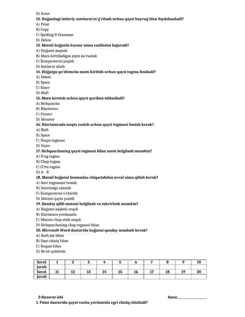Informatika fanidan NAZORAT ISHLAR DAFTARI 3