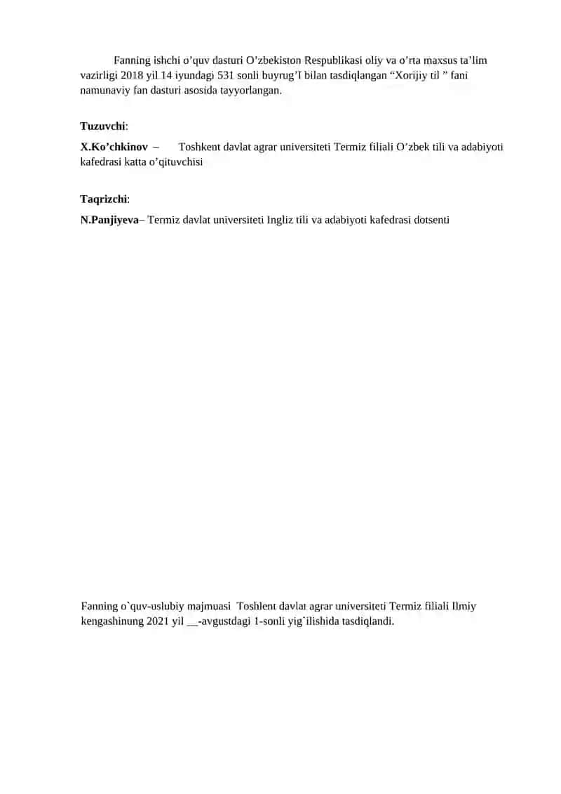 XORIJIY TIL (INGLIZ TILI) FANIDAN O’QUV – USLUBIY MAJMUA 3