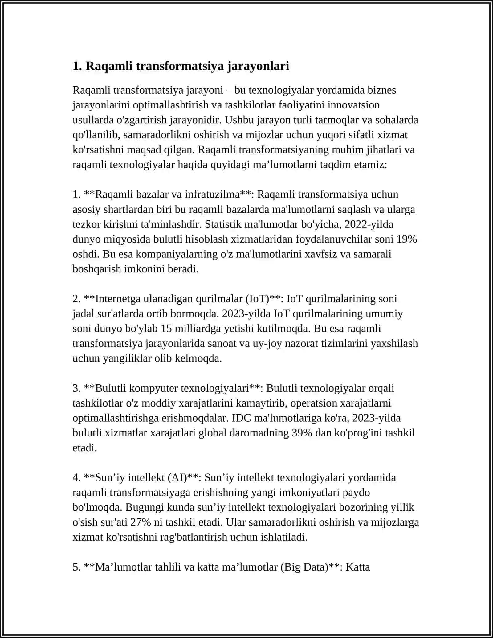 MUSTAQIL ISH Mavzu: QOʻSHIMCHA TEXNOLOGIYALAR. RAQAMLI IQTISODIYOTDAGI SANOAT DEFORMASIYASI 3