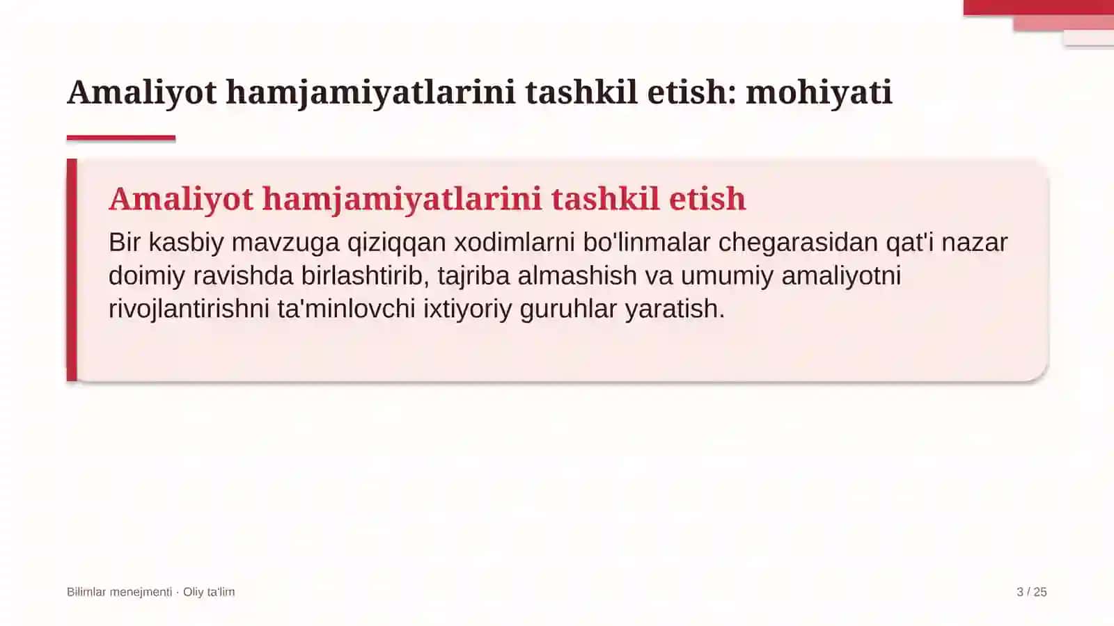 Amaliyot hamjamiyatlarini tashkil etish: mohiyati 3