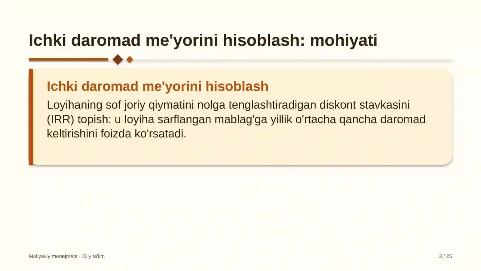 Tovar-xomashyo birjasida ichki daromad me'yorini hisoblash 3