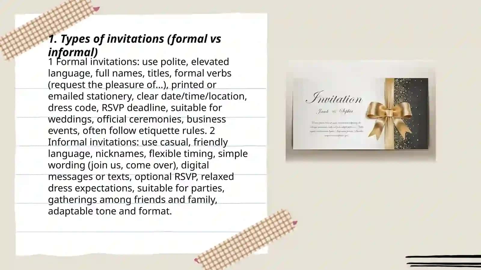 Plan: Types of Invitations (Formal vs Informal) 3