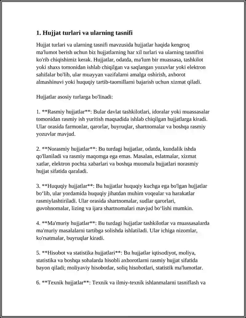 REFERAT Mavzu: HUJJAT TURLARI VA ISH YURITISH ASOSLARI. TASHKILIY HUJJATLAR VA ULARNI RASMIYLASHTIRISH 3