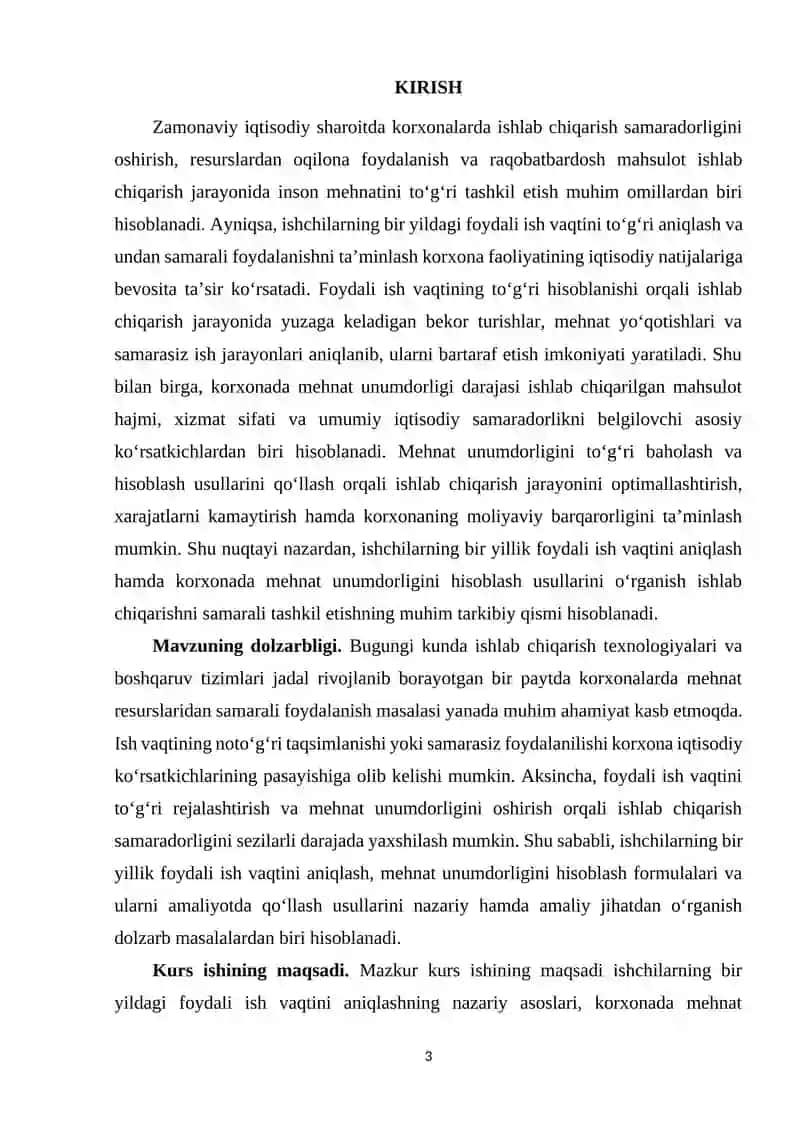 Ishchilarning bir yildagi foydali ish vaqtini hamda korxonada mehnat unumdorligini va uni hisoblash yo’llari 3