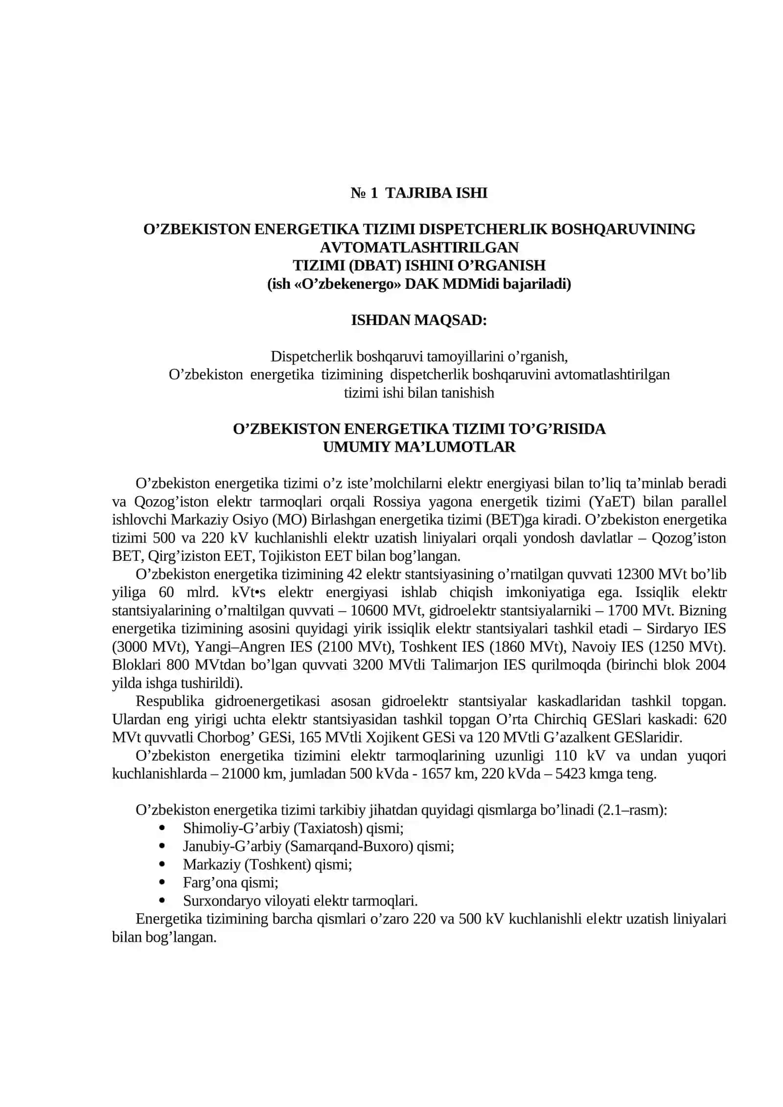 «ELEKTR STANSIYALARI VA TIZIMLARINING AVTOMATIK BOSHQARISH TIZIMLARI VA HOLATLARINI OPTIMALLASH» fanidan tajriba ishlari uchun USLUBIY QO’LLANMA 3