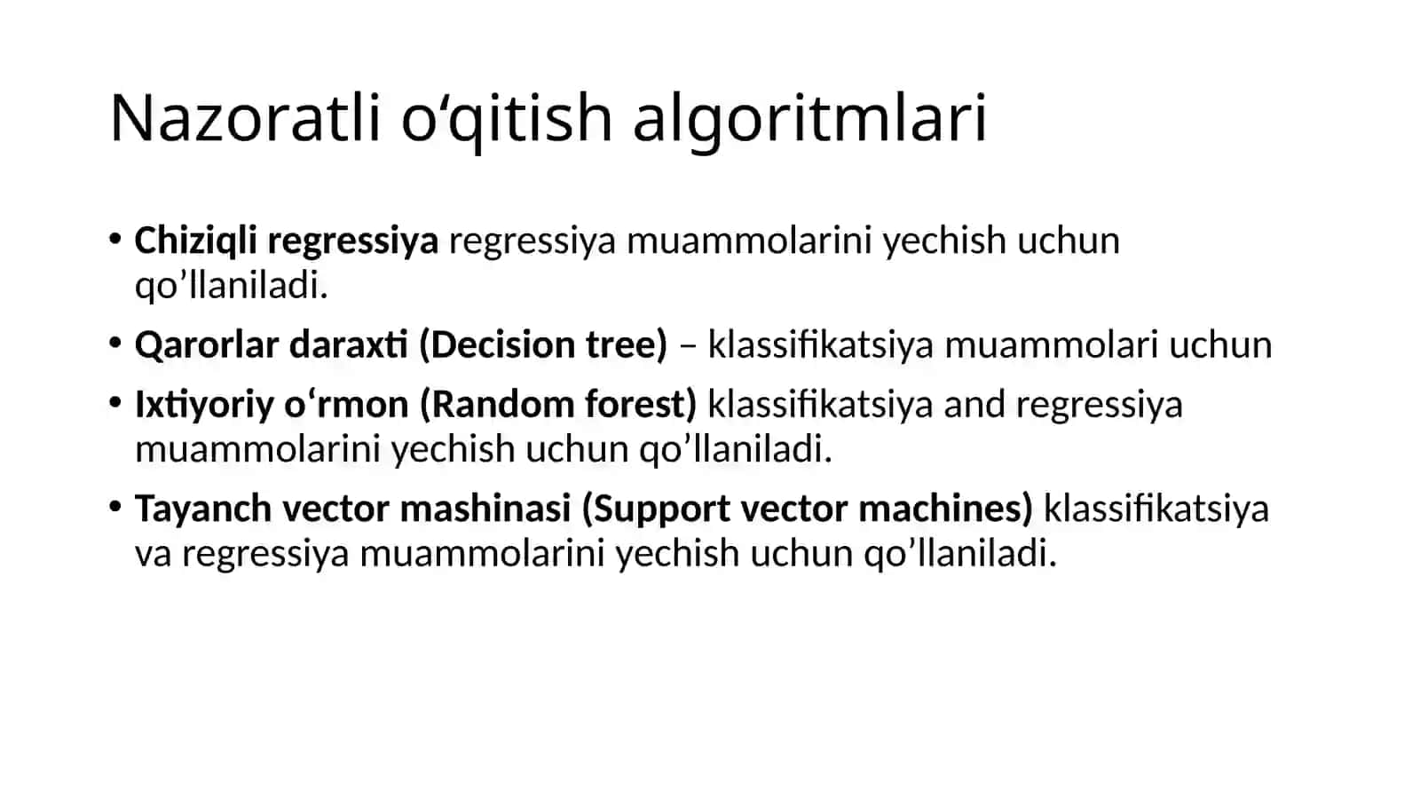 Supervised and unsupervised learning(nazoratli,nazoratsizvamustahkamlashorqalio‘qitish) 3