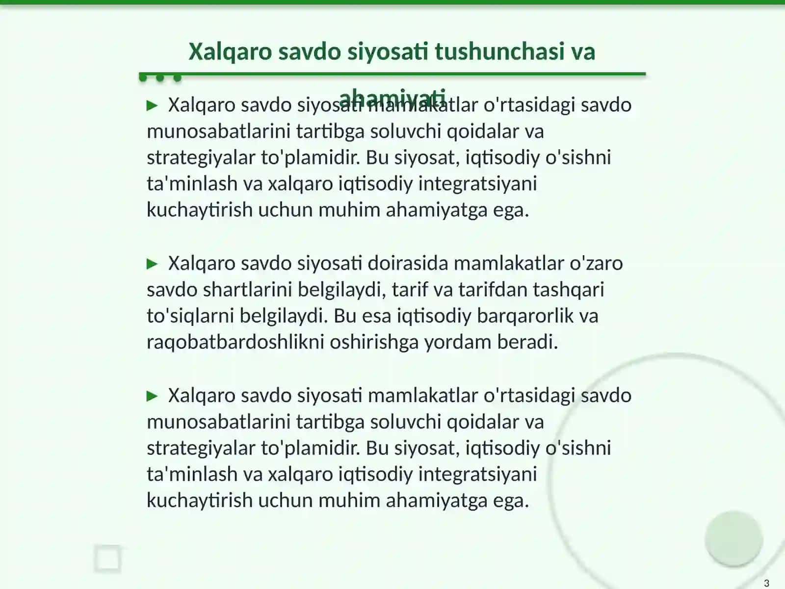 Xalqaro savdo siyosati va proteksionizm. Oʻzbekistonning tashqi savdo strategiyasi 3