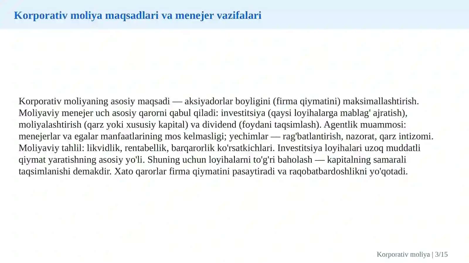 Korporativ moliyada investitsiya loyihalarini baholash va kapital qiymatini aniqlash 3