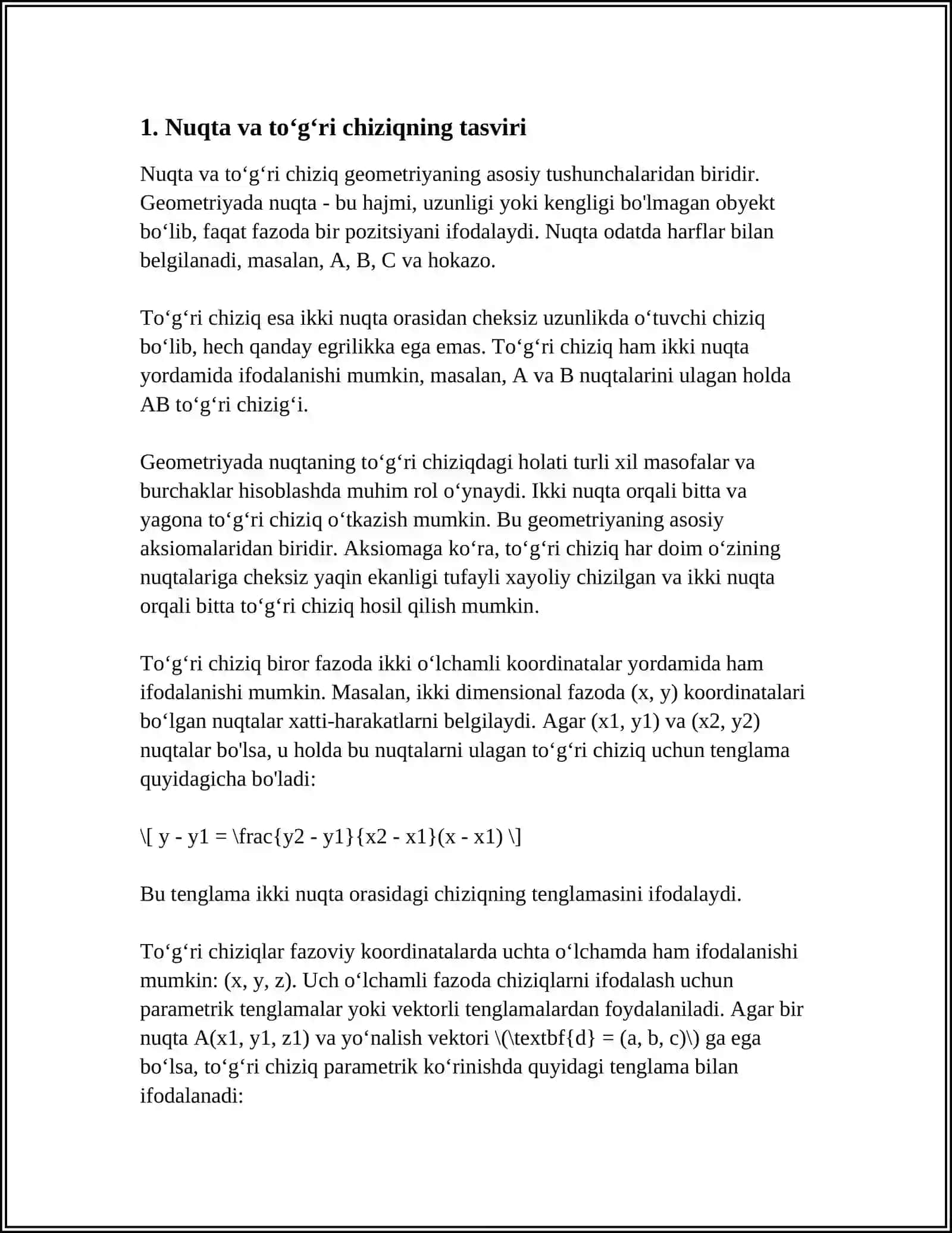 NUQTA TO‘G‘RI CHIZIQ VA TESKARI QROEKSIALAR. SIRTLAR. SIRTLARNING KILASIFIKATSIYASI. AKSANOMETRIK PROEKSIALAR. DITEMENANR 3