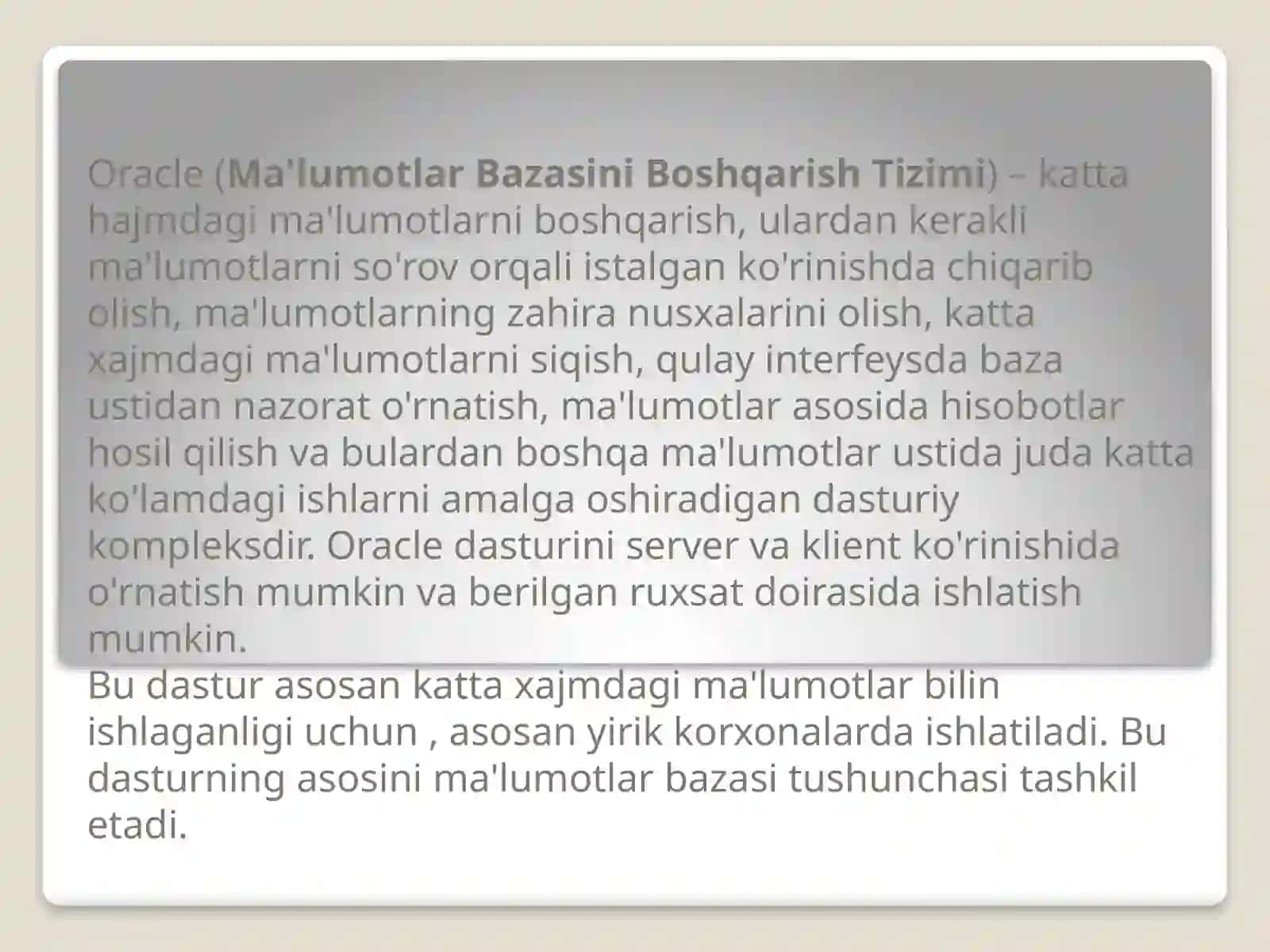 Oracle (Ma’lumotlarbazasini Boshqarish Tizimi) 3