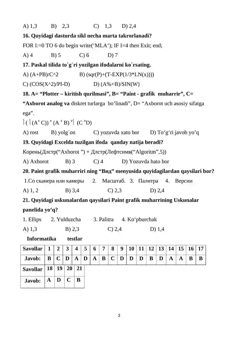 Informatika testlar 3