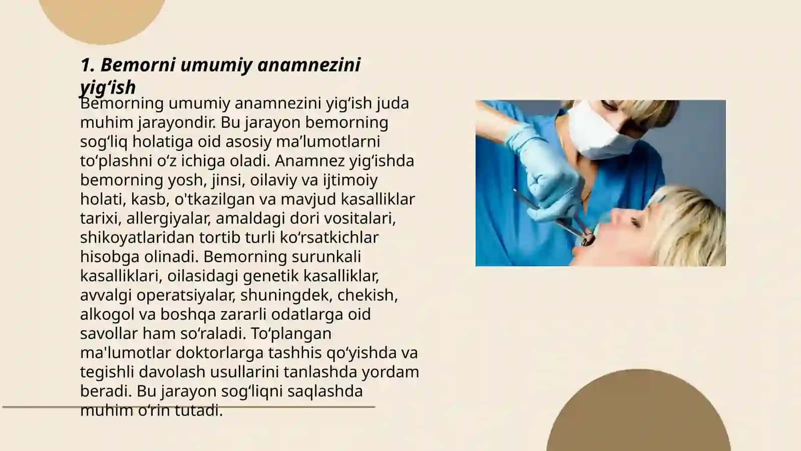 Xirurg stomatolog yordamiga muhtoj boʻlgan bemorni tekshirish va qoʻshimcha tekshirish usullari. Kasallik tarixini toʻldirish forma- N-043 |U 3