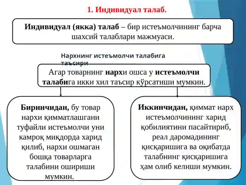 TARMOQLAR IQTISODIYOTI KAFEDRASI MIKROIQTISODIYOT VA MAKROIQTISODIYOT Toshkent 2023 5-мавзу. Индивидуал ва бозор талаби 3