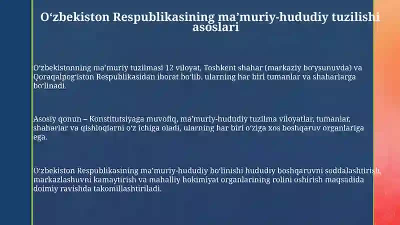 O'zbekiston Respublikasining ma'muriy-hududiy va davlat tuzilishi 3