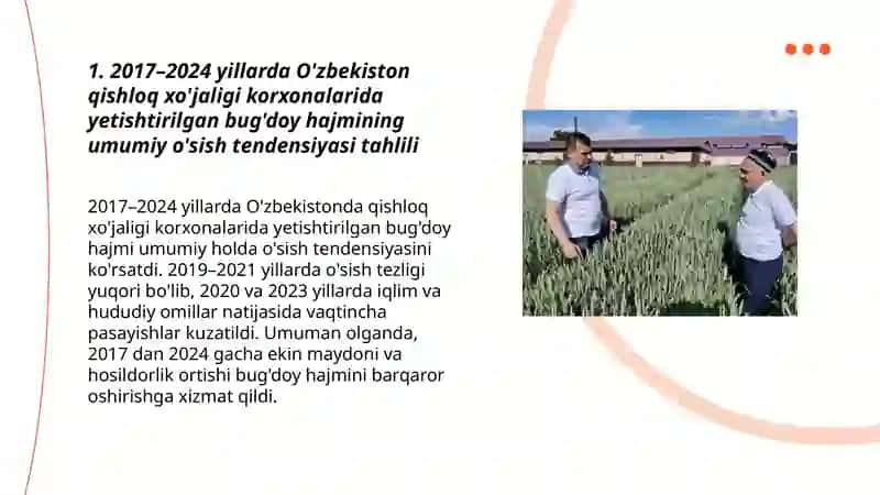 O'zbekiston qishloq xo'jaligi korxonalarida yetishtirilgan bug'doy hajmining 2017-2024 yillarda o'sish dinamikasi tahlili 3