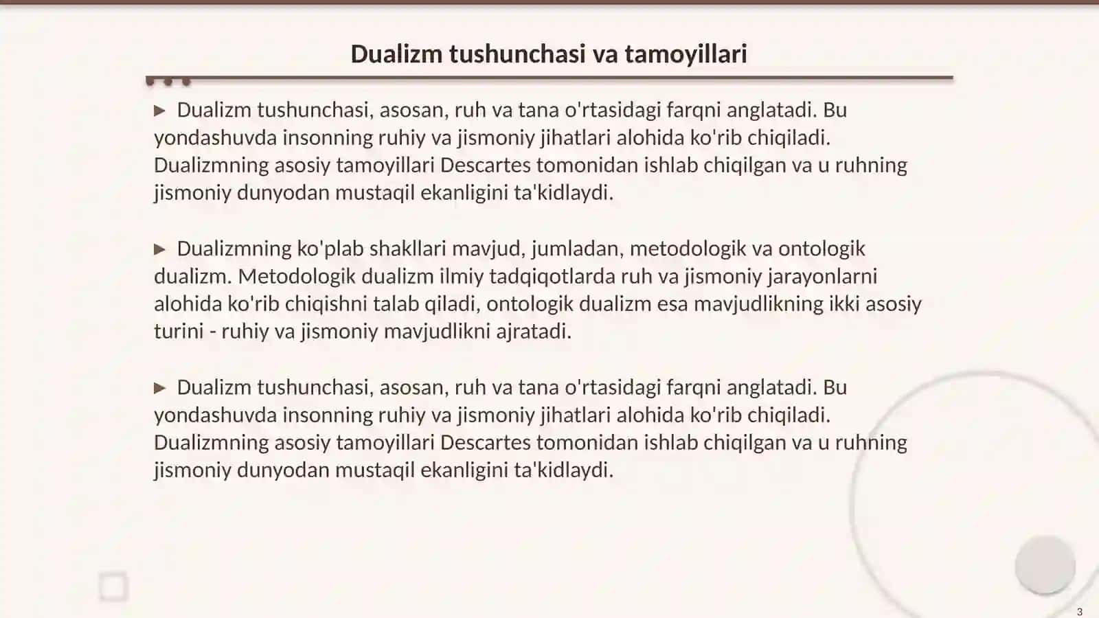 Insoni tushunishga dualizim va monizm nuqtai nazaridan yondashuv 3