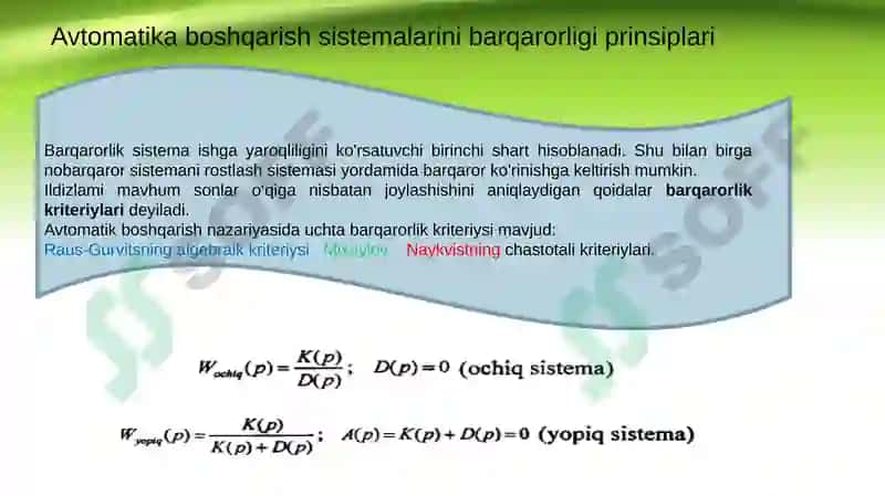 Avtomatik boshqarish sistemalarining barqarorligi va o`tkinch jarayonlar sifati 3