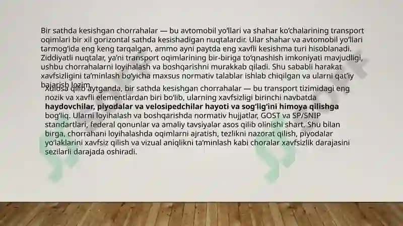 Avtomobil yo'llari va shahar ko'chalarini bir sathda kesishgan chorrahalarga harakat xavfsizligi bo'yicha qo'yilgan meyiriy talablarni o'rganish 3