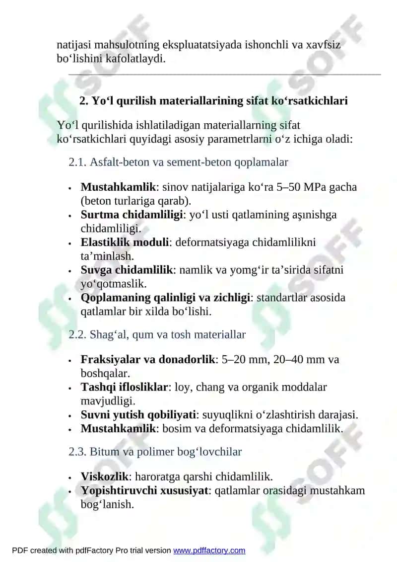 Yo‘l qurilishining sertifikatsiyalanadigan mahsulotlarining sifat ko‘rsatkichlari 3