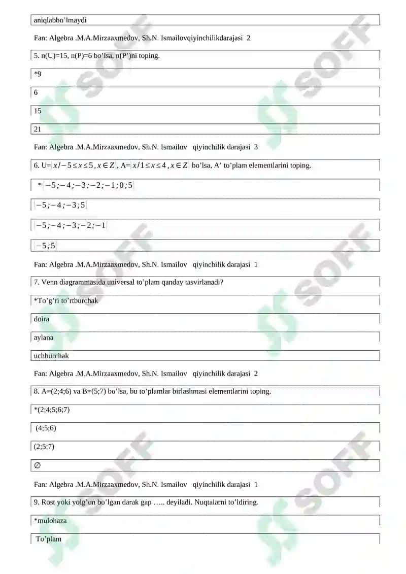 10-sinf matematika 200 ta test 3