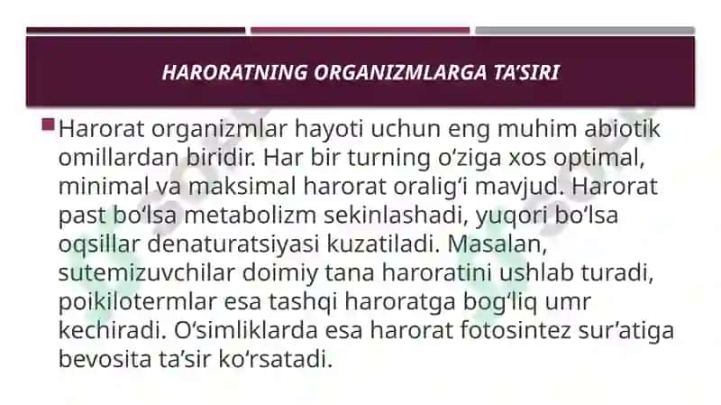 Abiotik omillarning tirik organizmlarga tasirini organish 3
