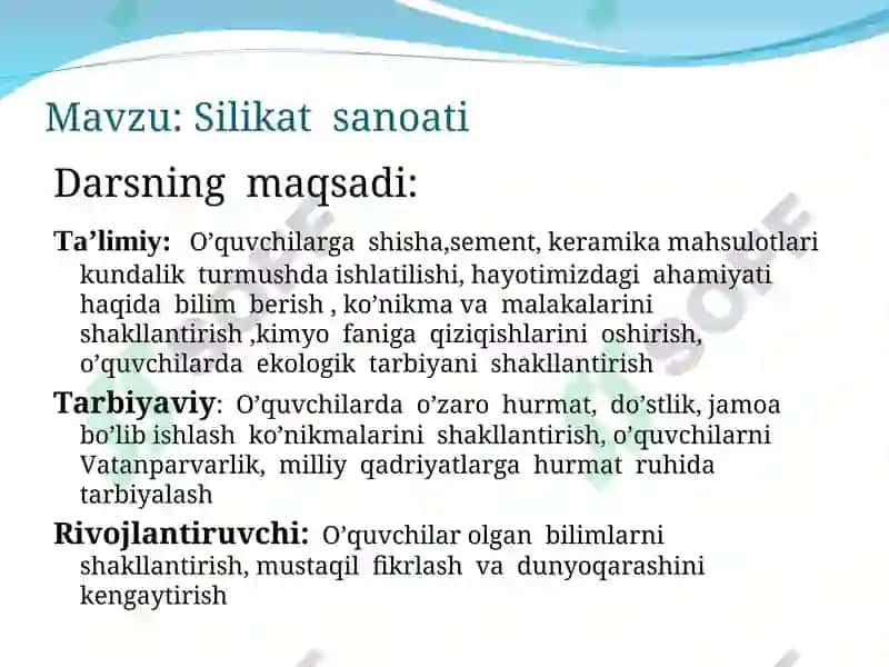 Silikat sanoati mavzusida ochiq dars 3