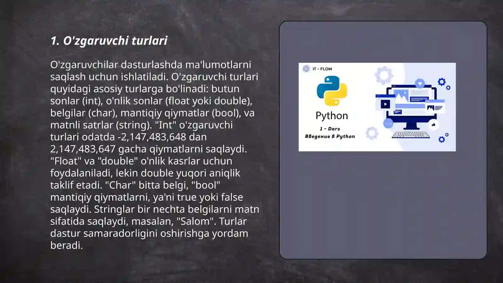 Python dasturlash tilida õzgaruvchilar va operatorlar 3