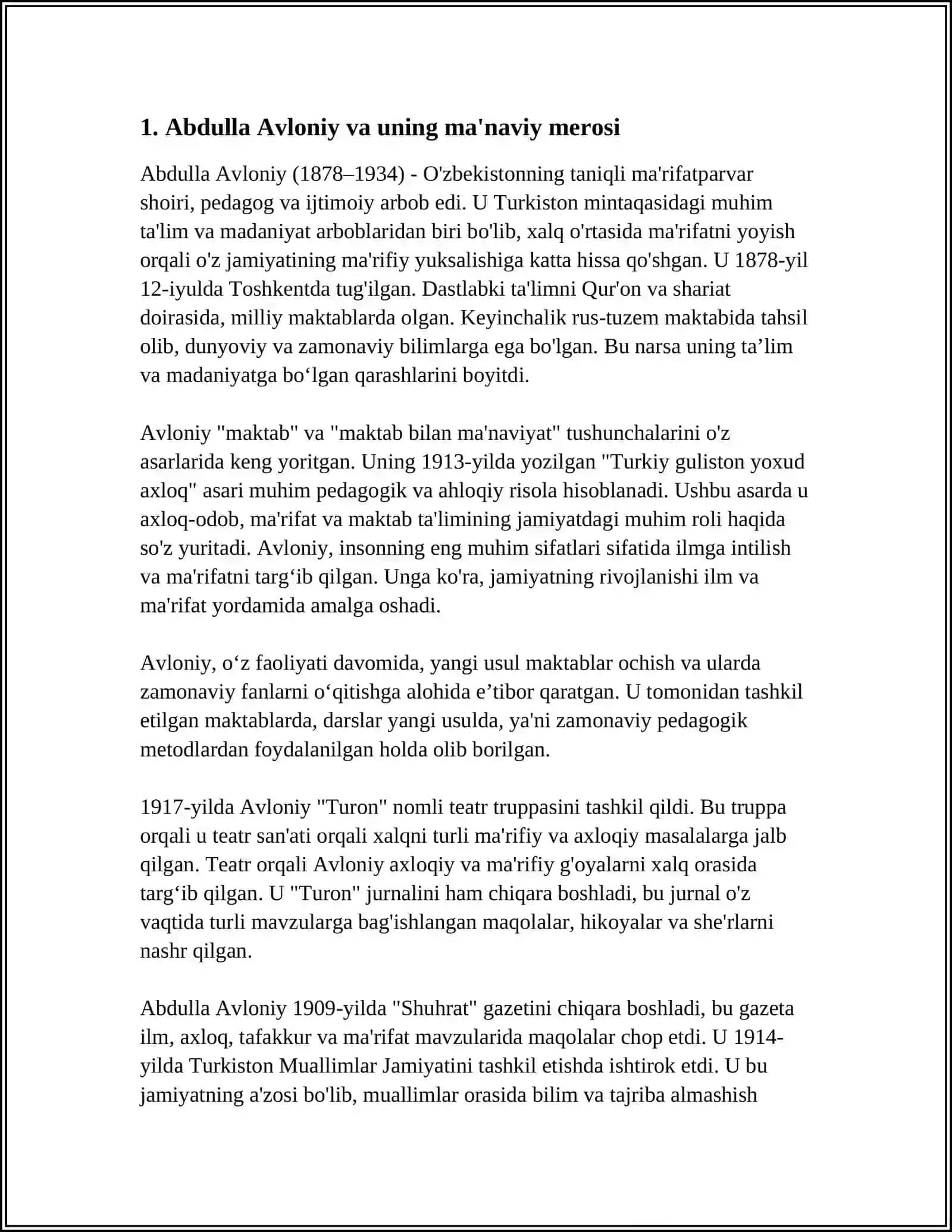 ABDULLA AVLONIYNING KOMIL INSON HAQIDAGI QARASHLARI MAVZUSIDA ESSE TAYYORLASH 3