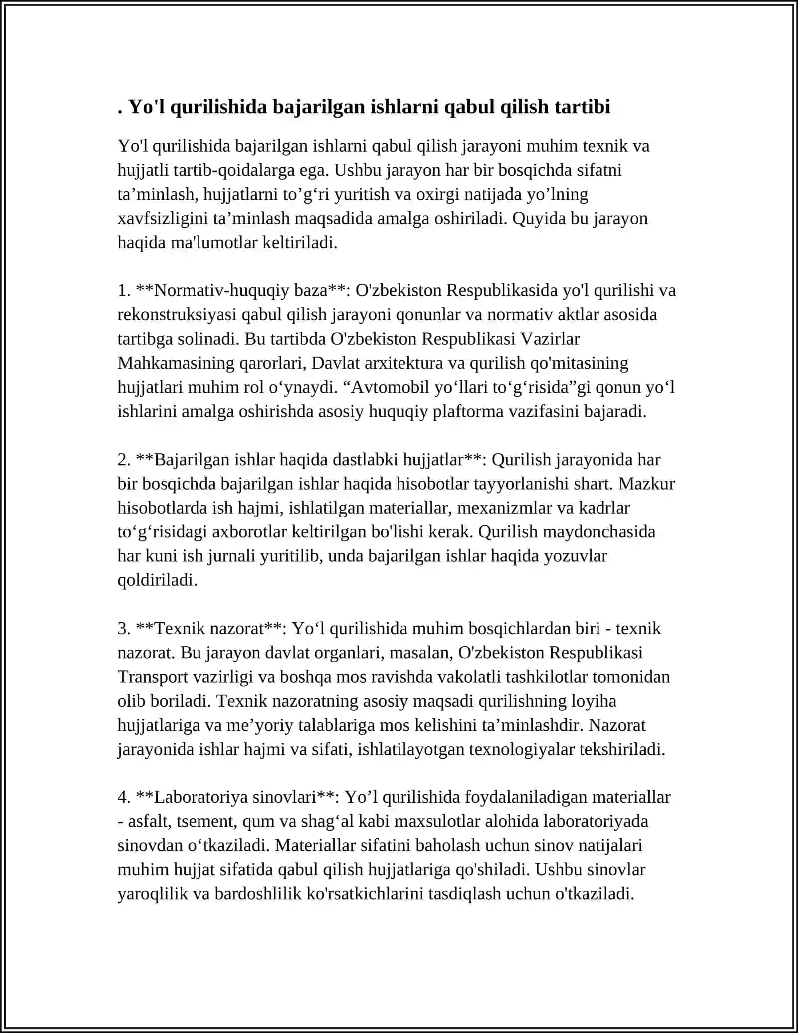 YOʻL QURILISHIDA BAJARILGAN ISHLARNI QABUL QILISH 3