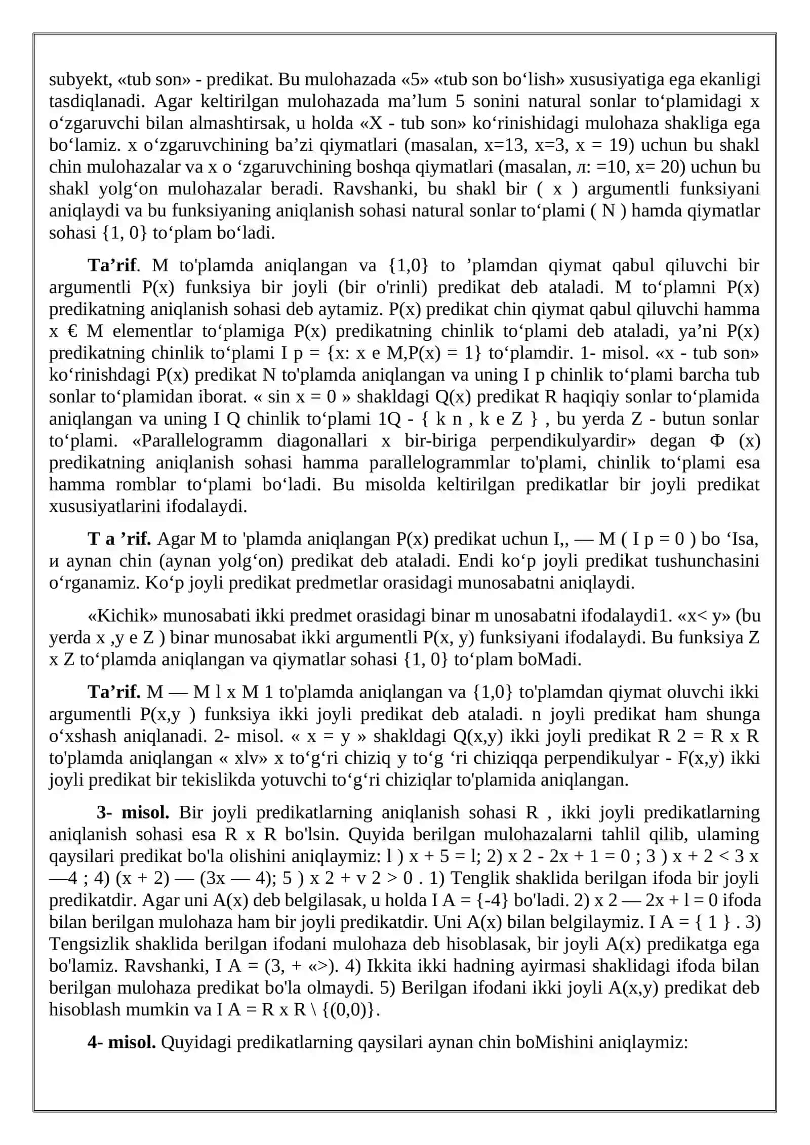 Elementar formulalar. Kvantorlar. Predikatlar mantiqining alfaviti. Formula ta’rifi 3
