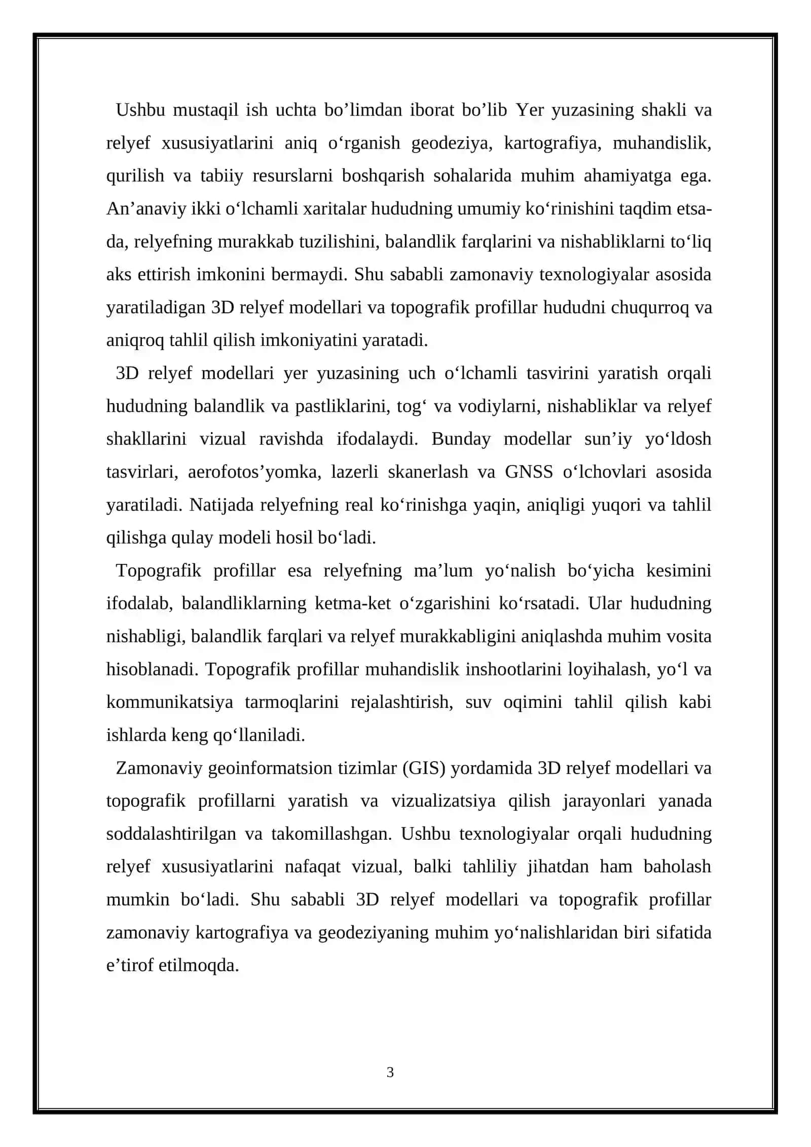 3D relyef modellari va topografik profillar 3