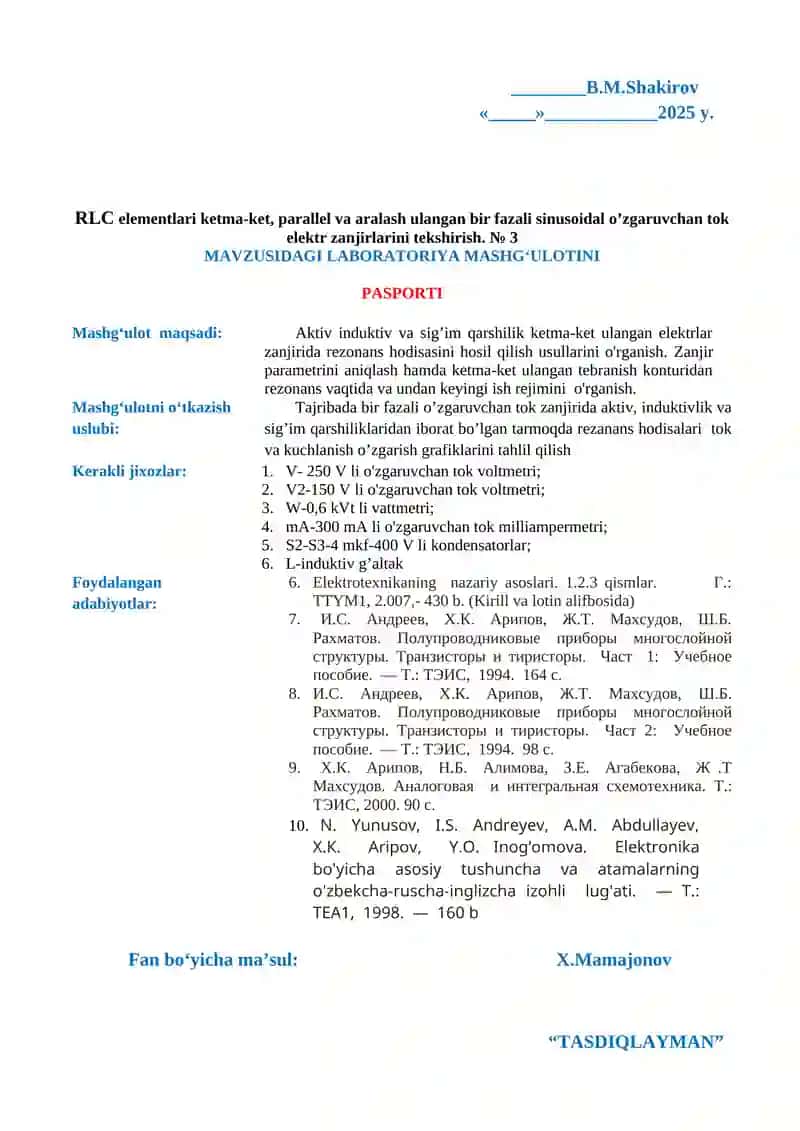 Texnika xavfsizligi qoidalari. Laboratoriya stendlari bilan tanishish. №1 3