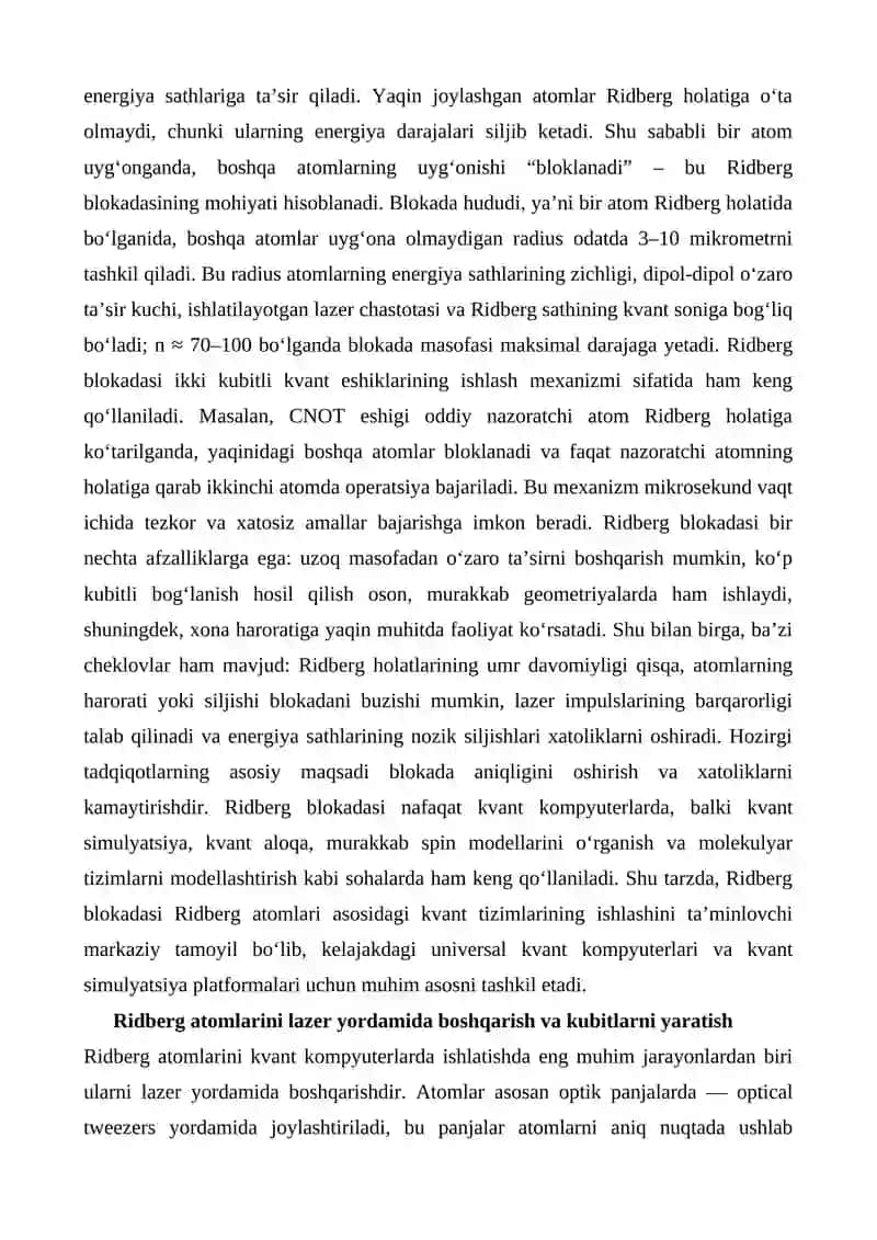 Kvant kompyuterlari uchun Ridberg atomlari 3