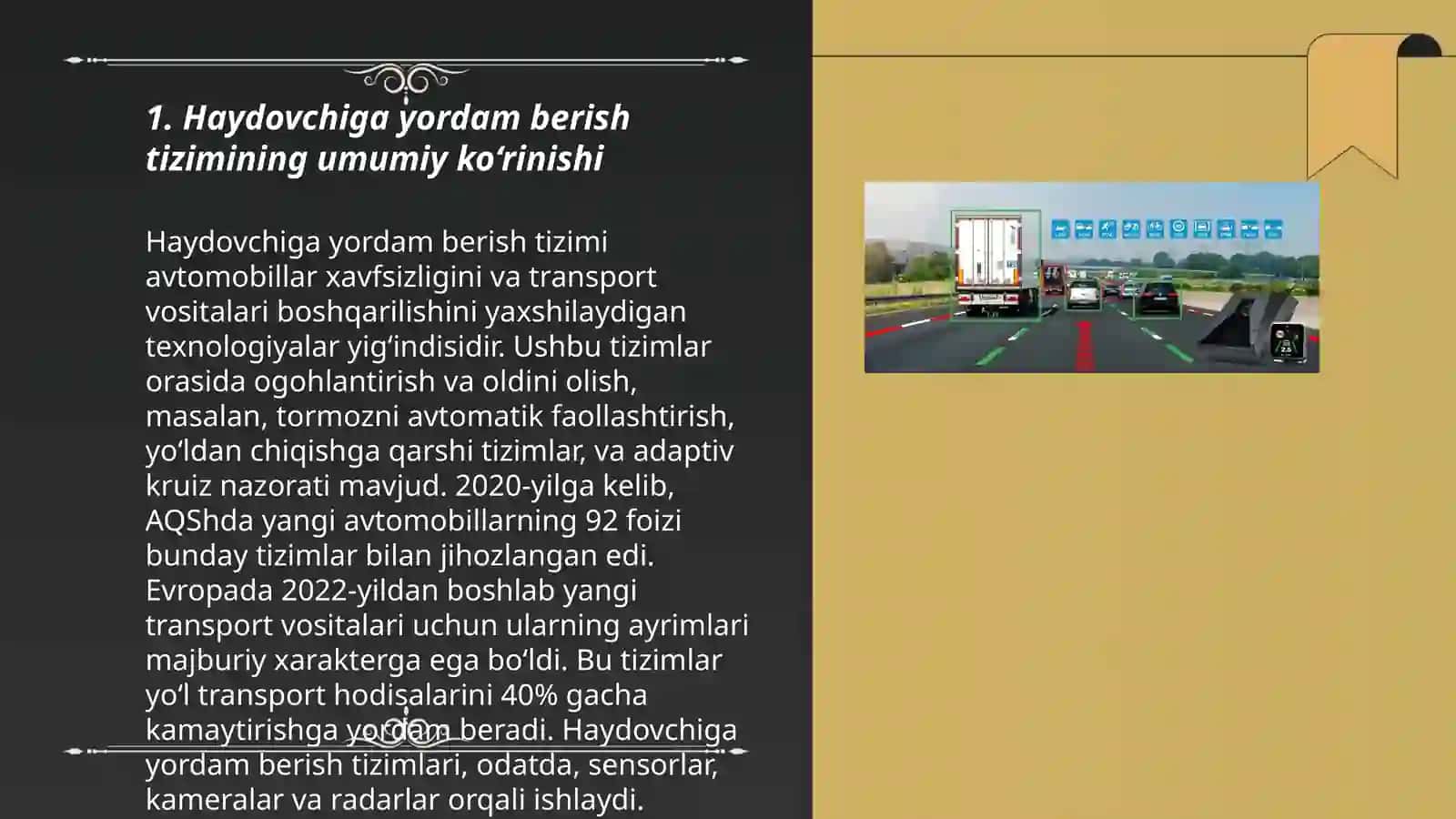 Haydovchiga yordam berish tizimi va havfsizlik tizimi(ADAS)xususiyatlarini oʻrganish 3