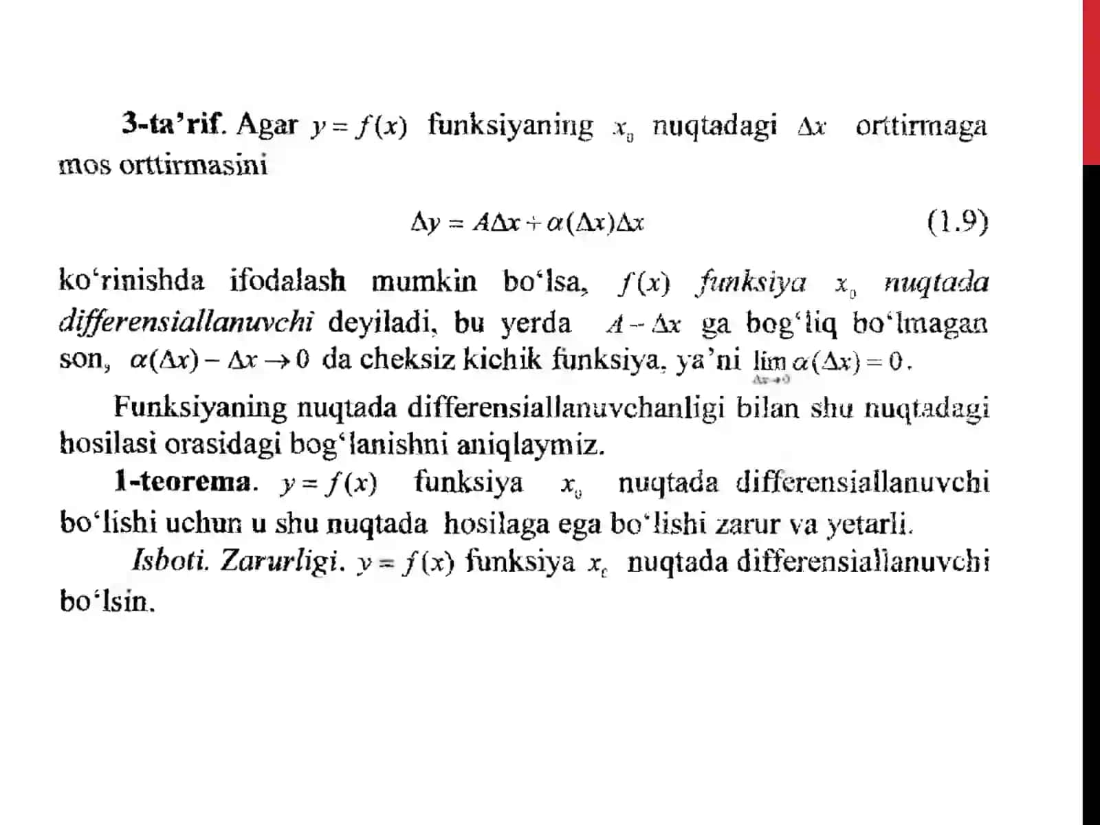 FUNKSIYANING DIFFERENSIALLANUVCHANLIGI. DIFFERENSIALLASHNING ASOSIY QOIDALARI. TESKARI FUNKSIYANING HOSILASI. MURAKKAB FUNKSIYANING HOSILASI 3
