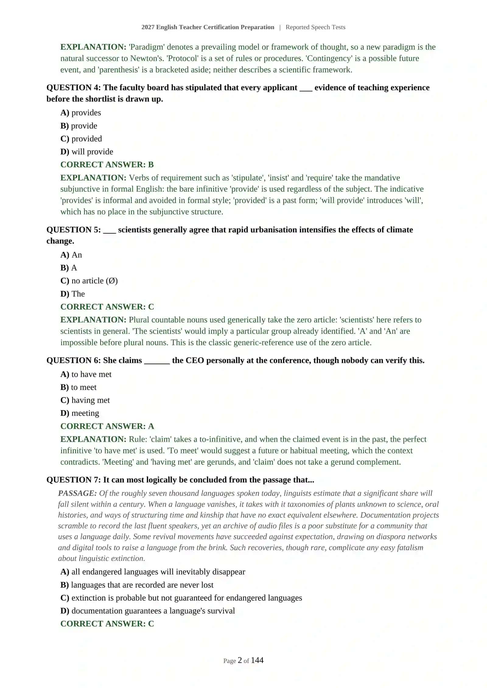 Advanced English Teacher Certification - Reported Speech Tests 3