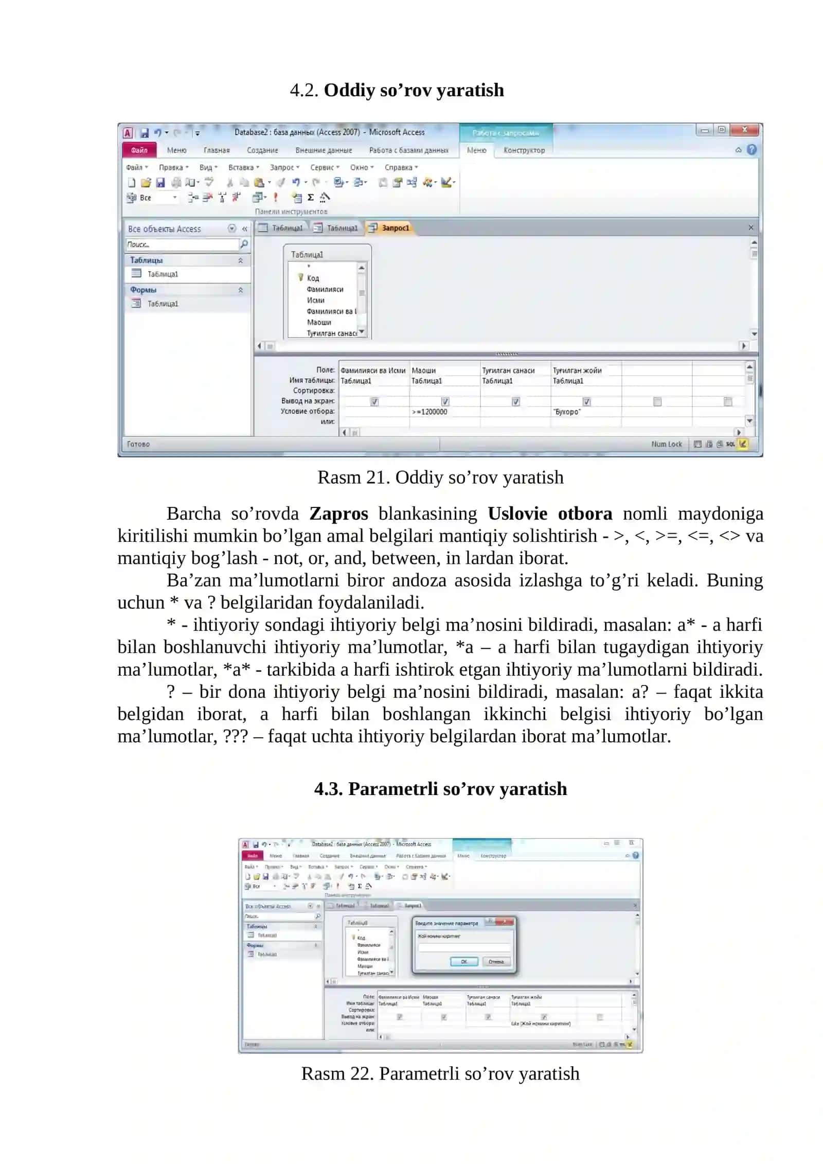 MS Access 2010ning so’rov ob’yekti 3