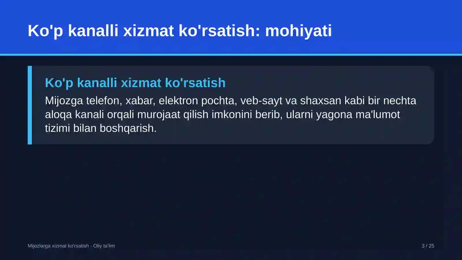 Mijozlarga xizmat ko'rsatish · Oliy ta'lim 3