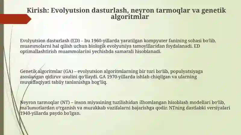 Evolyutsion dasturlash, neyron tarmoqlar va genetik algoritmlar 3