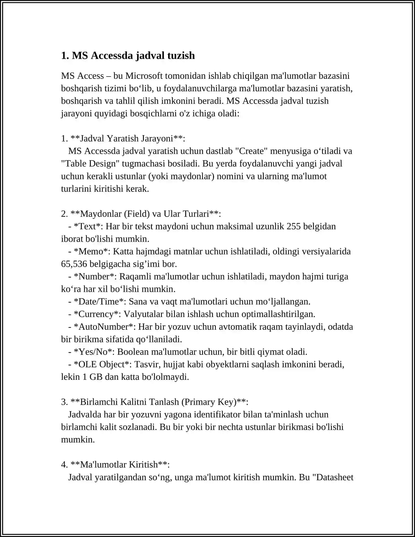 MS ACCESSDA JADVALLARNI O’ZARO BOG’LASH 3