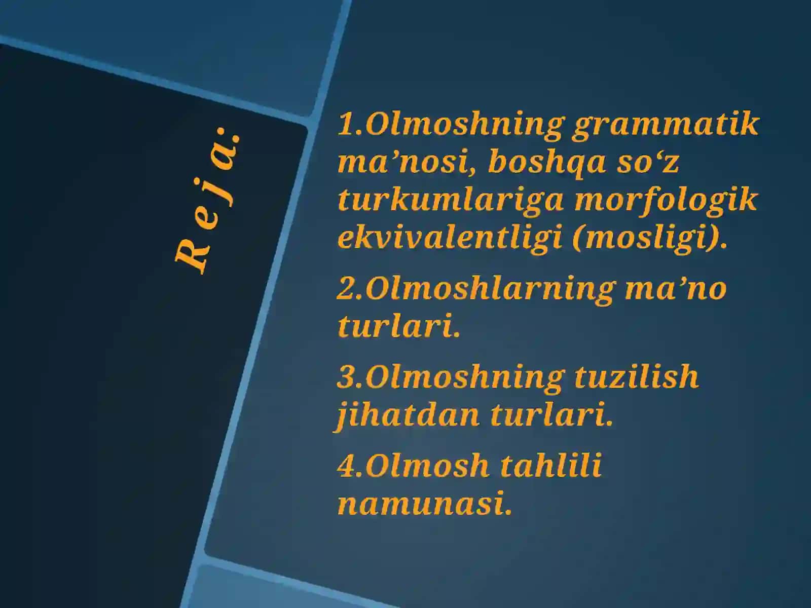 Olmosh. Olmoshlarning ma’noturlari: kishilik, o‘zlik, ko‘rsatish, so‘roq, belgilash, gumon, bo‘lishsizlik olmoshlari. Olmoshning tuzilish jihatdan turlari 3